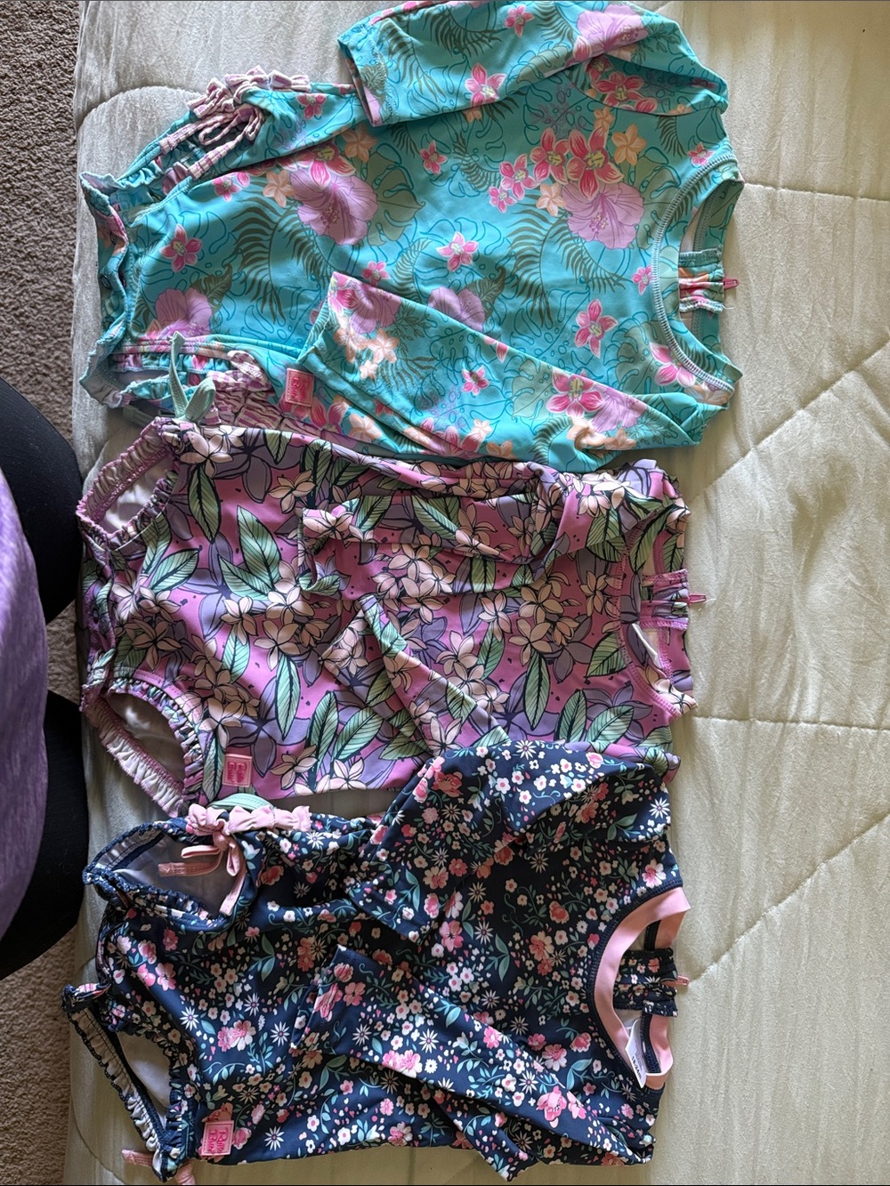 Ruffle Butts Girls Floral One-Piece Swimsuits in Aqua, Lavender & Navy